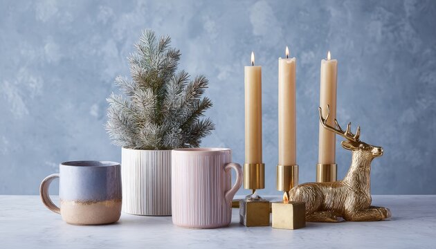 Warm seasonal decorations feature lit taper candles and stylized ceramic mugs against a cool background