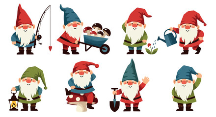 Smiling garden gnomes performing various activities