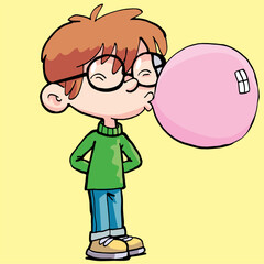 boy with glasses blowing a bubble gum balloon2.eps