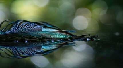 peacock. A close-up of a peacock feather against a mirrored surface with iridescent blue-green tones. wildlife magazines, conservation campaigns, designed for wildlife conservation campaigns.