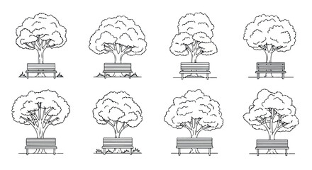 Trees and benches in a park outline style