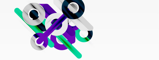 Abstract composition featuring intersecting cylinders, vibrant purple, teal, white hues. Minimalist design, dynamic shapes create modern aesthetic.