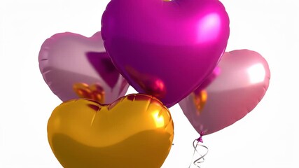 Bunch of shiny heart shaped foil balloons in pink, magenta, and gold color isolated on white background - Powered by Adobe
