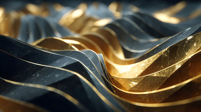 Black and gold folded wave installation with contemporary abstract style. 3d render illustration. - Powered by Adobe