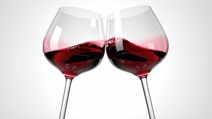 Two wine glasses with red liquid clinking in a toast gesture, isolated on white background - Powered by Adobe