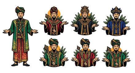 Traditional Asian figures in ornate costumes with transparent background