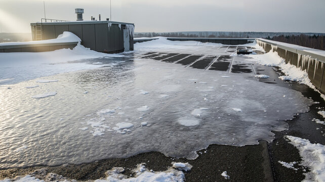 Rooftop covered with ice and water during winter season  
