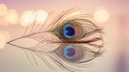 Obraz premium peacock. A close-up of a peacock feather against a mirrored surface with iridescent blue-green tones. wildlife magazines, conservation campaigns, designed for wildlife conservation campaigns.