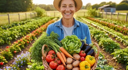 Smiling woman holding fresh organic vegetables in her garden