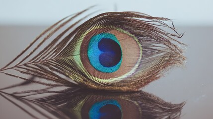 Obraz premium peacock. A close-up of a peacock feather against a mirrored surface with iridescent blue-green tones. wildlife magazines, conservation campaigns, designed for wildlife conservation campaigns.