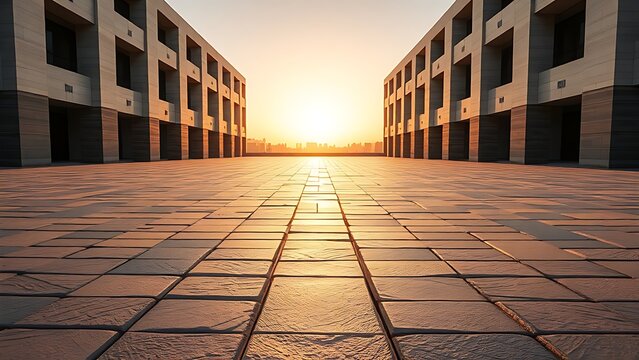 plaza. Perfectly leveled stone pavement in plaza extending to horizon. real-estate listings, architecture portfolios, designed for architectural facade and classical detail presentations.