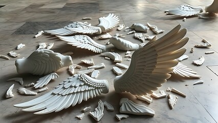 angel. Broken wing sculptures scattered on the ground, symbolic representation of lost freedom in marble. wellbeing guides.