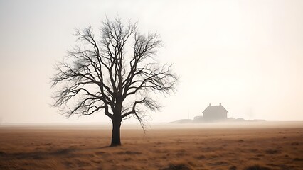 withered. A lone withered tree in an empty field with a distant farmhouse. travel magazines, destination branding, designed for travel destination branding, drives exploration.