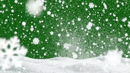 Falling snowflakes create a magical winter atmosphere against a vibrant green backdrop perfect for holiday greetings and festive promotions