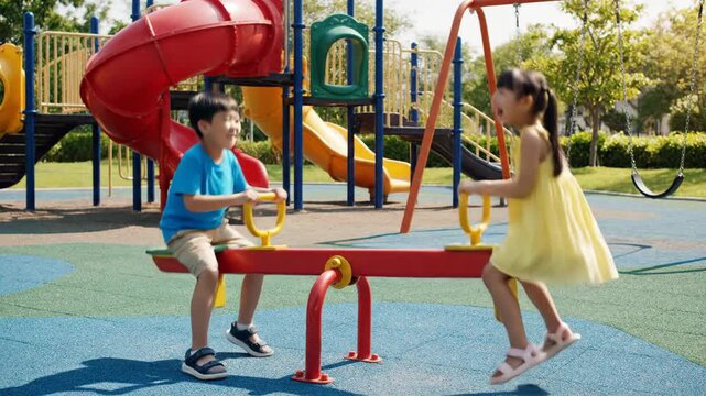 Slow motion footage of happy Asian boy and girl playing on a red seesaw at a sunny outdoor playground.