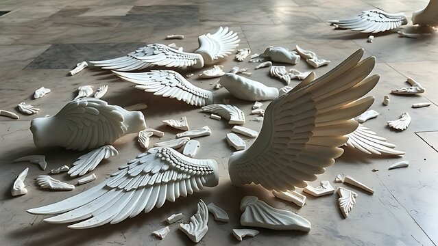 angel. Broken wing sculptures scattered on the ground, symbolic representation of lost freedom in marble. wellbeing guides.