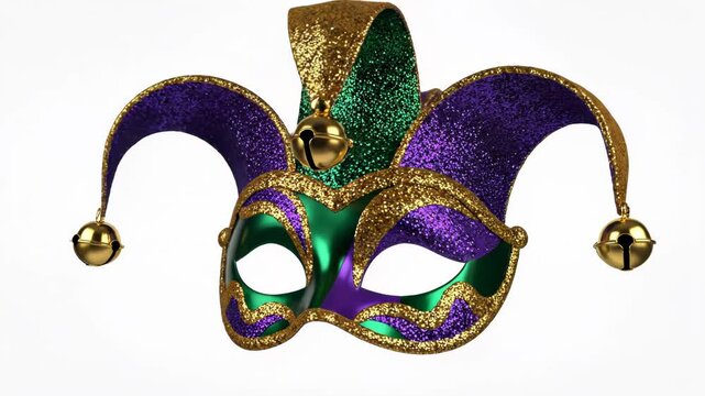 Glittering jester mask with purple, green, and gold trim and brass bells isolated on white background