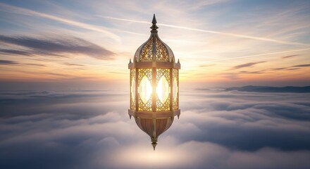 Ornate Ramadan lantern floating above clouds at sunset