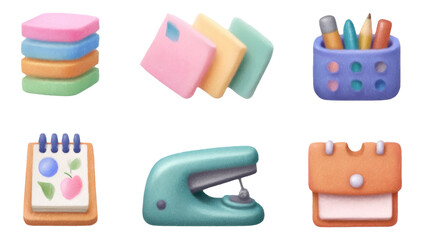 Mini Office Stationery Essentials in Soft Painted 3D Style on Transparent Background