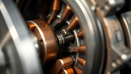 segments. Copper segments and brushes inside an electric motor, detailed engineering view. product launch decks, UI/UX mockups, designed for product launches and innovation pitches.