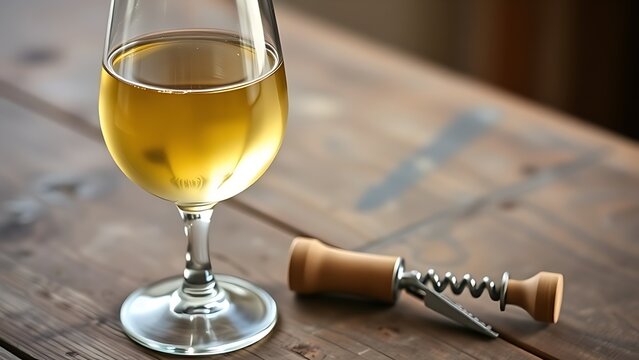 trebbiano. A glass of pale golden wine on a rustic table next to a simple corkscrew in natural light. bar promotions, beverage menus, designed for product packaging and bar promotions. - Powered by Adobe