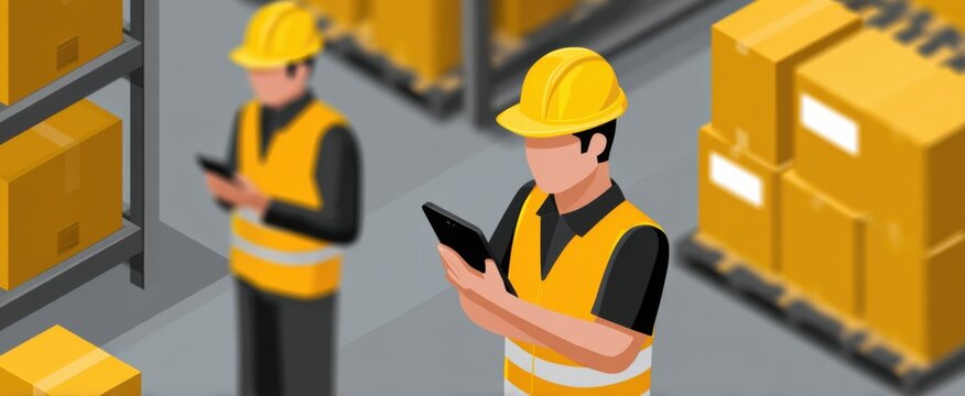 Futuristic technology driven warehouse where diligent employees utilize sleek mobile devices.
