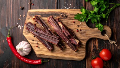 Close-up of cured, sliced meat on a wooden cutting board with peppers, garlic, tomatoes, parsley, and spices