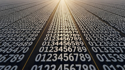 Abstract representation of rows of numbers converging at sunset  