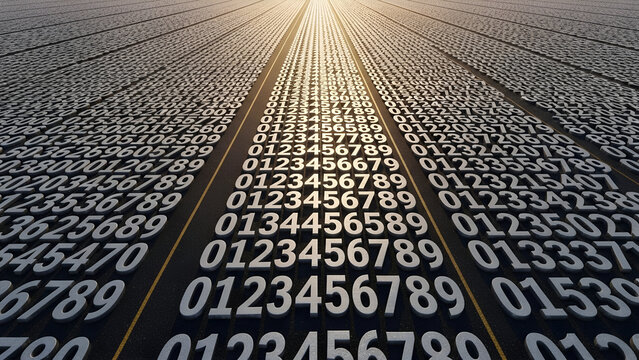 Abstract representation of rows of numbers converging at sunset  