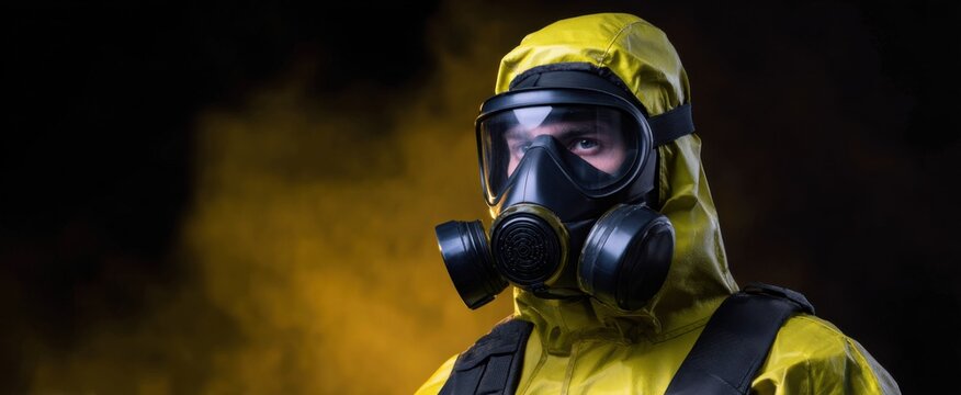 Chemical soldier in protective gear faces danger with focused determination handling hazardous substances.