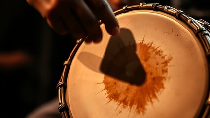 dhol. A close-up view of a drum with a vibrating drumhead and motion blur. event key visuals, club posters, designed for fitness apps and gym onboarding, used by fitness trainers.