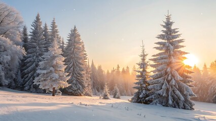 Winter snowy forest landscape with sunrise on frosty pine trees and mountain scene