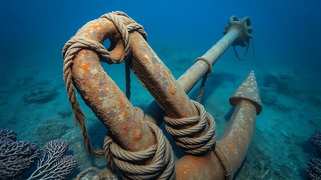 wreck. Extreme close-up of a rusted ship anchor on the seabed with coral and seaweed. safety posters, maintenance manuals, designed for precision metalworking and fabrication facilities.