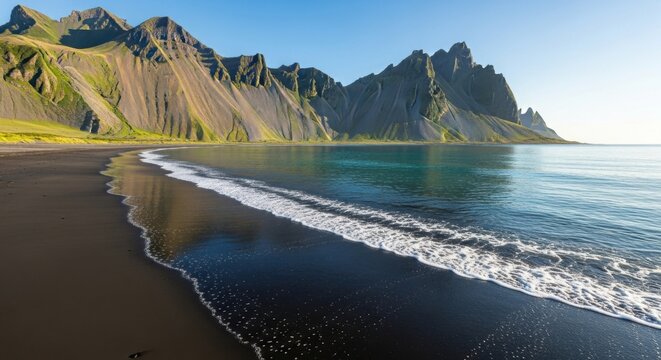 Iceland Vestrahorn black sand beach Stokksnes panorama