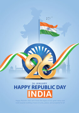26th January Happy Republic Day India Background Design Template Illustration, Indian Republic Day Post Flyer Design Template with Map, flag and monuments.