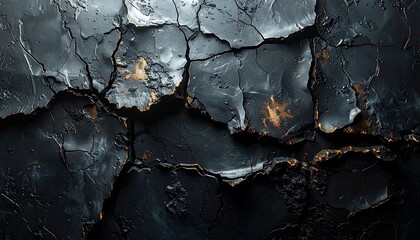 Close-up of dark, cracked surface with hints of gold, resembling aged metal or abstract geology, offering a tactile visual
