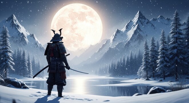 Samurai warrior overlooks snowy mountain lake under a full moon