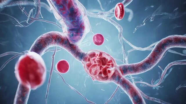 Microscopic Blood Vessels with Red Blood Cells Flowing Through