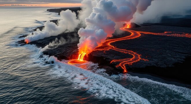 Dramatic fiery lava river flowing into the ocean at dusk