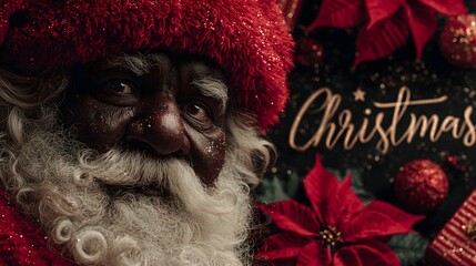 Festive Black Santa Claus close-up with red hat and white beard surrounded by Christmas decorations