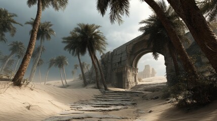 Ancient Stone Archway in the Middle of a Sandy Desert with Palm Trees and Monolithic Ruins