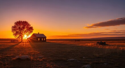 Dramatic Sunset Light Illuminating a Rural House and Tree