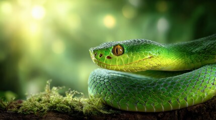 Fototapeta premium Vivid green serpent rests coiled upon mossy ground bathed in dappled sunlight