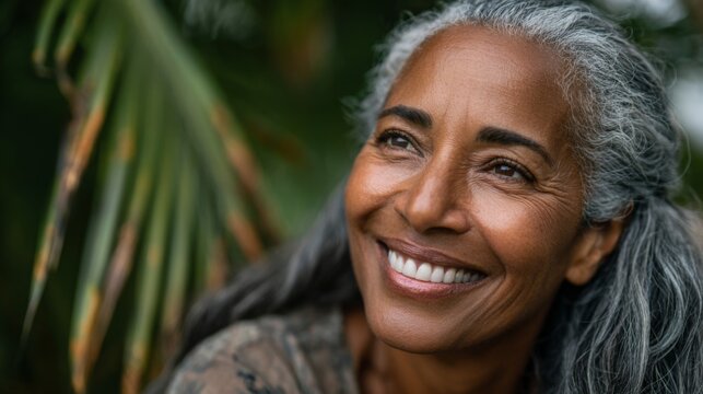 Portrait of a joyful older woman with gray hair smiling against a lush green background, showcasing natural beauty and serenity in an outdoor setting - Powered by Adobe