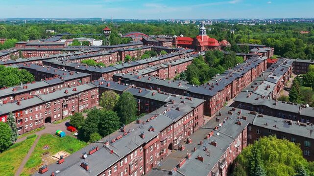 Aerial view of the historic Nikiszowiec District in Katowice, Poland