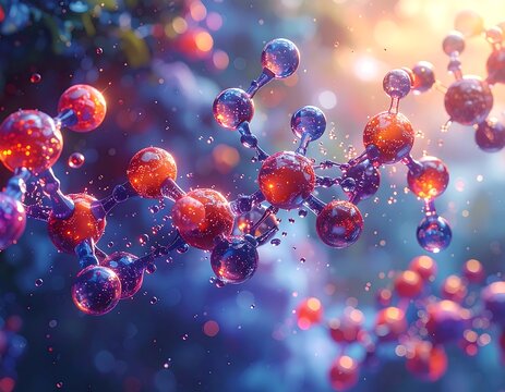Close-up of glowing molecules in abstract, vibrant, and artistic style