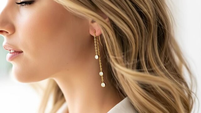 Elegant profile of a woman with flowing hair and dangling earrings in natural light