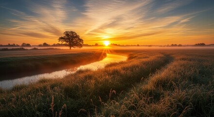 Sunrise over foggy meadow with winding river and solitary tree