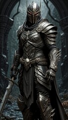 Obraz premium Armored knight holding sword in dark medieval forest setting 