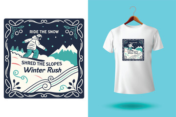 Penguin Snow Surfers T Shirt Design with Chill Vibes and Cool Slides Featuring Snowboard Riding Waves Vector Illustration Isolated on White Background